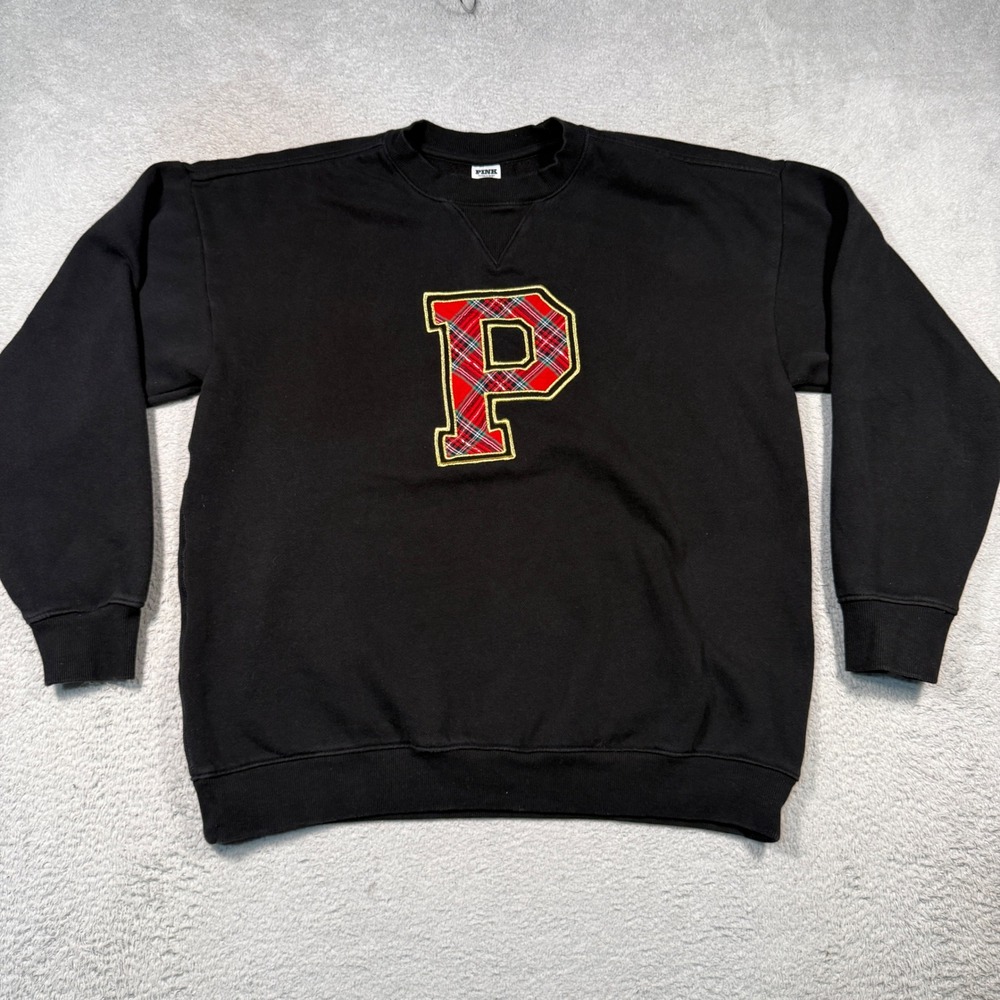 PINK Sweatshirt Womens S Black Plaid Varsity P Patch Crewneck Pullover